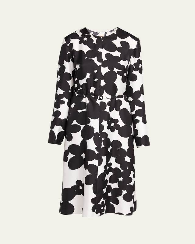 Flower Print Silk Belted Dress
